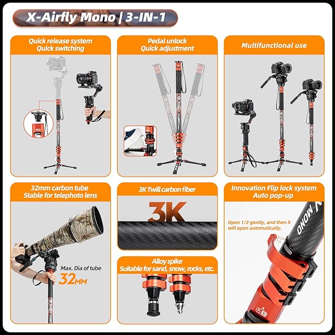 Fotopro Carbon Fiber 3-in-1 Monopod, Max Load 22lbs - Image 4
