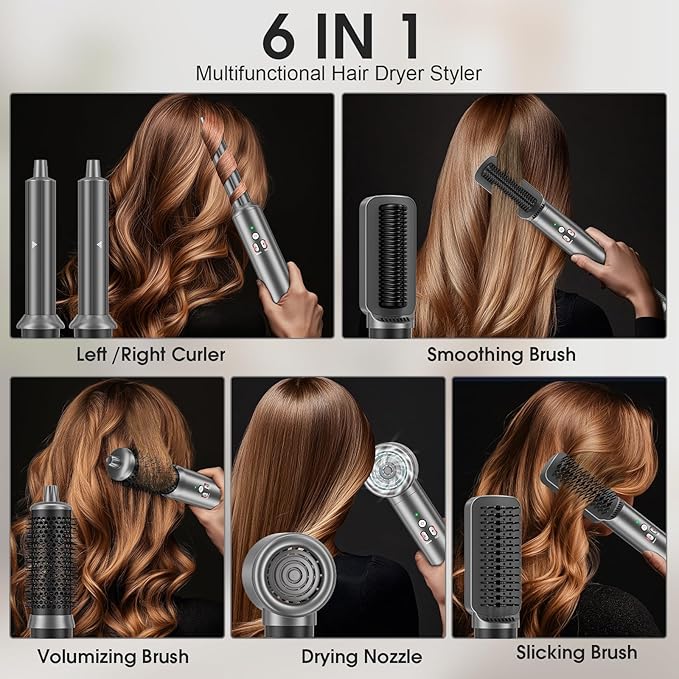 AOMEES Professional Hot Air Styler & Drying System, 6 in 1 Powerful Hair Dryer Brush • Styling Without Heat Damage, with Air Curler, Hair Dryer, Volumizer, Hair Straightener, Smooth Comb