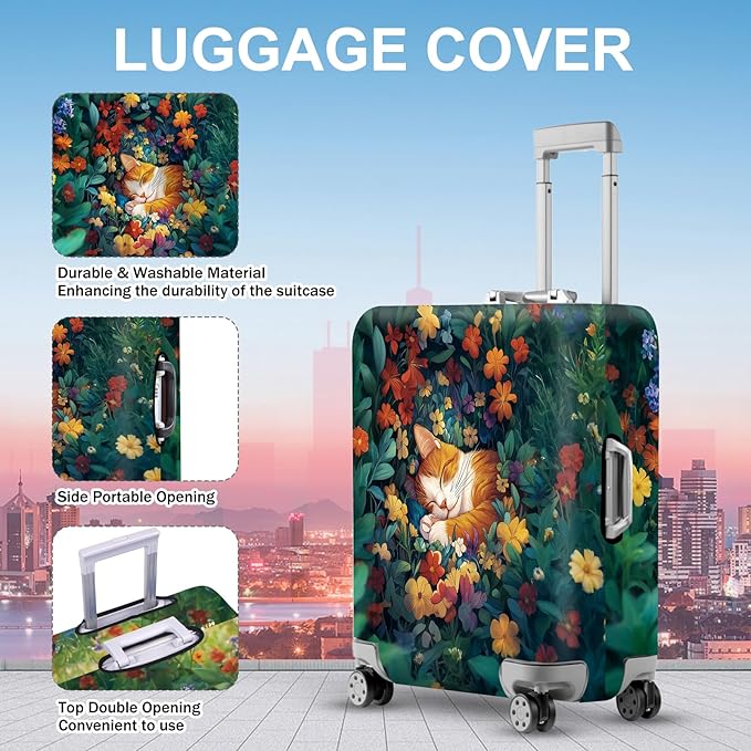 ANNA QUEEN Dreamy Cat Luggage Cover, Cat Sleeping in a Flower Field Design - Image 3