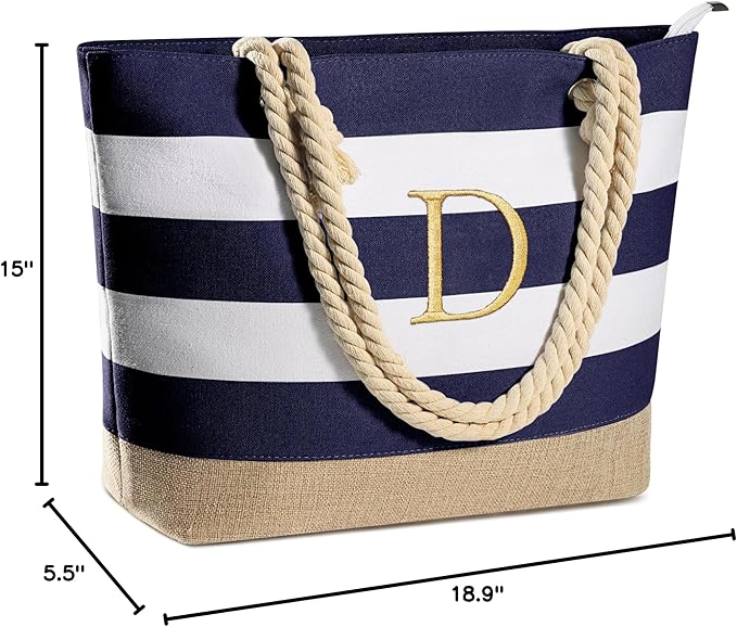 YOOLIFE Initial Canvas Waterproof Beach Tote Bag Zipper Personalized Gifts - Image 8