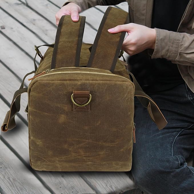 60L Travel Bags for Men, Nomad Washed Canvas Duffle Bag Vintage Genuine Leather - Image 7