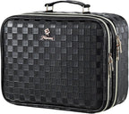 Makeup Bag with LED Lighted Mirror 12.2 IN Travel Double Layer Makeup Case Adjustable Brightness in 3 Colors Cosmetic Organizer Artist Storage with Dividers Brush Holder Vanity Black Checkerboard