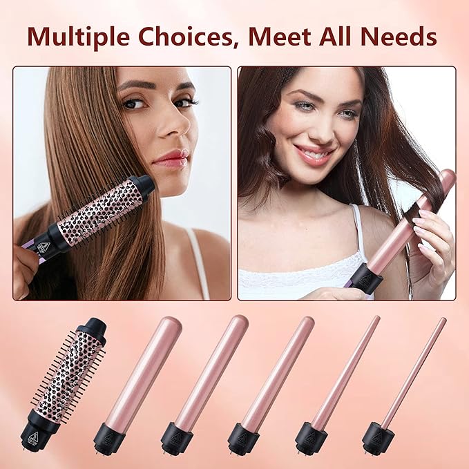 Curling Iron Set, 6 in 1 Hair Curling Wand with Curling Brush and 5 Interchangeable Ceramic Curling Wand(0.35'-1.25') Tourmaline Hair Curler, Instant Heat Up Curling Iron for Long Hair Women