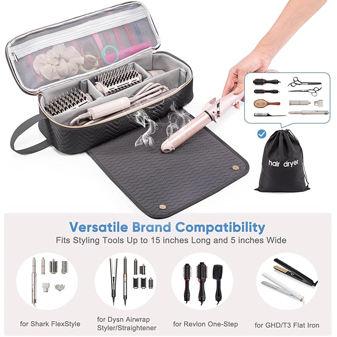 2IN1 Hair Tools Travel Bag with Heat Resistant Mat for Shark Flexstyle, Flat Irons, Straighteners, Curling Iron, Hair Dryer Case Compatible with Revlon One-Step Hair Dryer, Hair Essentials