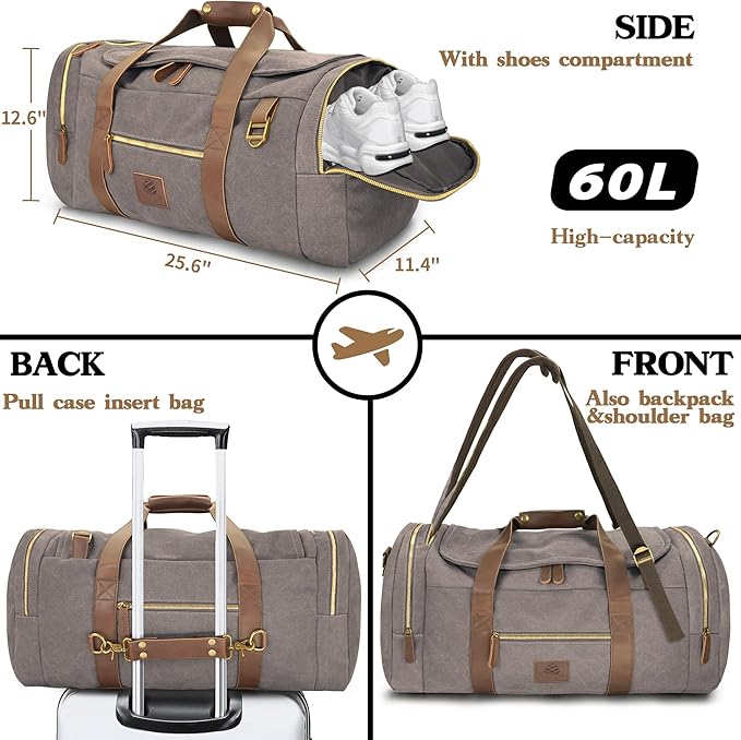 60L Travel Bags for Men, Nomad Canvas Duffle Bag Vintage Genuine Leather Travel - Image 3