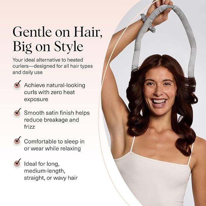 Kitsch Satin Heatless Curlers Set – Heatless Curls Overnight with 34" Hair Curler & 2 Satin Scrunchies, Comfortable No Heat Hair Curlers to Sleep In for Frizz-Free & Non-Damage Styling - Silver