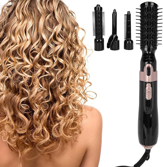 Hair Dryer Brush 4 in 1 Hot Air Brush Curler Combo with Interchangeable Heads - Automatic Curling Iron and Blow Dryer Brushes Set for Travel or Salon
