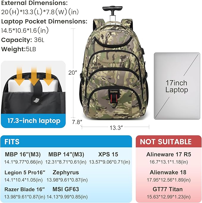 Boavan Rolling Backpack, 17 inch Water Resistant Wheeled Backpack, Carry on - Image 2
