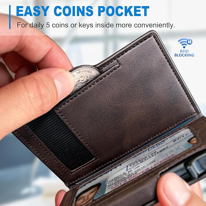 Men Wallet, with Money Clip Coins Pocket ID Window, Slim Front Pocket RFID - Image 4