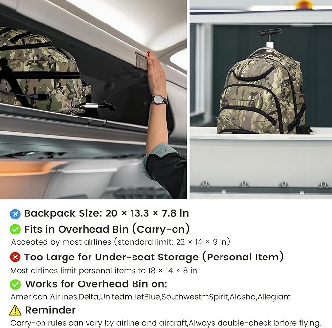 Boavan Rolling Backpack, 17 inch Water Resistant Wheeled Backpack, Carry on - Image 3