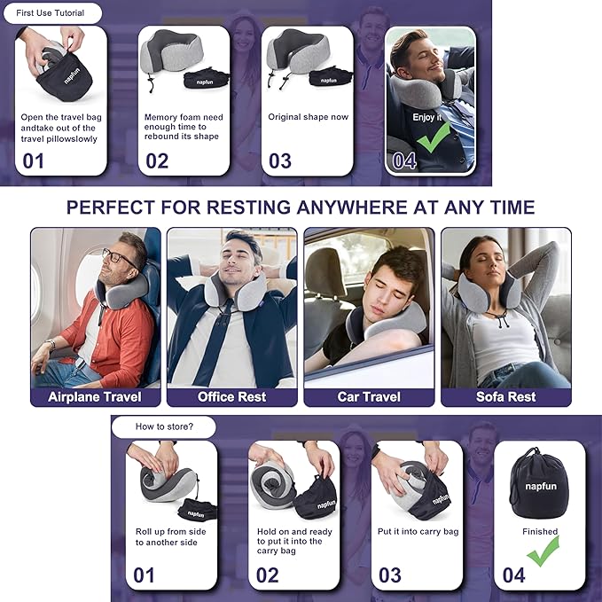napfun Neck Pillow for Traveling, Upgraded Travel Neck Pillow for Airplane 100% - Image 5