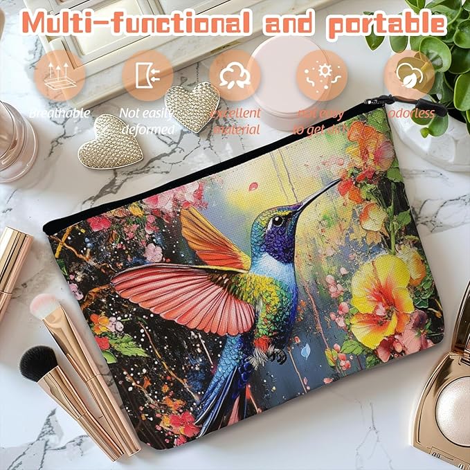 Cosmetic Bags Travel Makeup Toilet Case Waterproof Pouch for Women Girls 6.7X9.45inches - Colorful Hummingbird in A Floral Flight