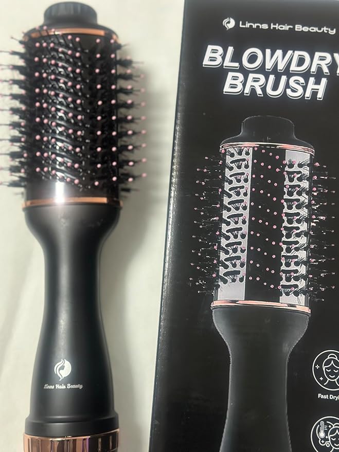 LHB 500 Professional Hot Air Brush, Round Styling Brush Hair Dryer, 2-in-1 Blowout Brush with Rose Gold Accents, Black