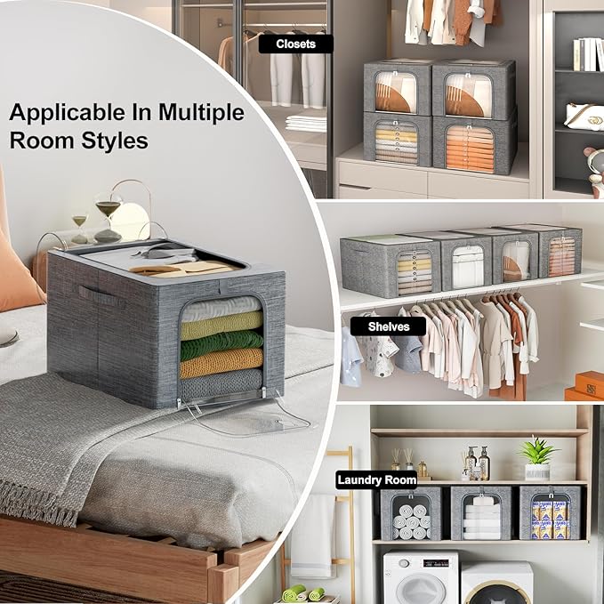 GoMaihe Clothes Storage Bins Metal Frame: 3-Pack Compact Stackable Closet - Image 6