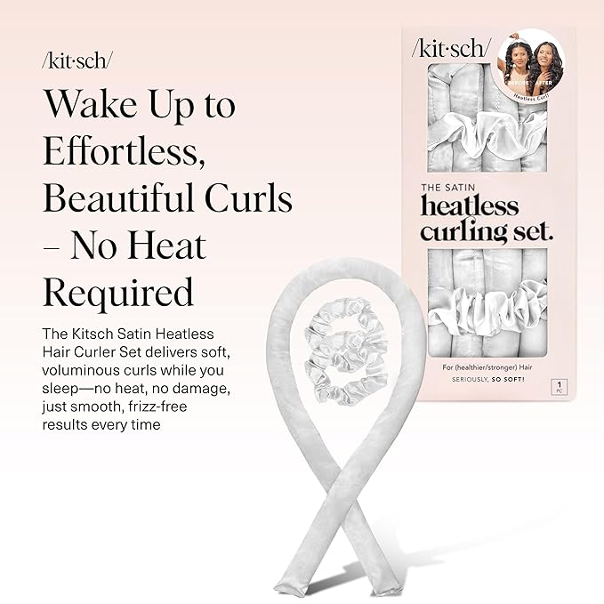 Kitsch Satin Heatless Curlers Set – Heatless Curls Overnight with 34" Hair Curler & 2 Satin Scrunchies, Comfortable No Heat Hair Curlers to Sleep In for Frizz-Free & Non-Damage Styling - Ivory