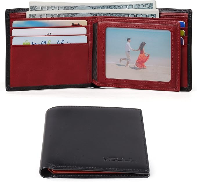 VISOUL Mens Bifold Wallet with 2 ID Windows and 2 Money Compartments, Genuine - Image 2