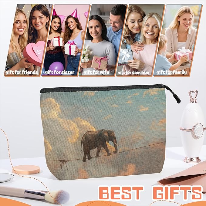 Cosmetic Bags Travel Makeup Toilet Case Waterproof Pouch for Women Girls 6.7X9.45inches - Elephant'S Aerial Adventure on A Thin Rope