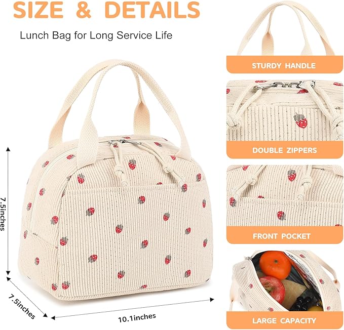 Bluboon Lunch Bag for Women Men Cute Corduroy Lunch Tote Bags Reusable - Image 7