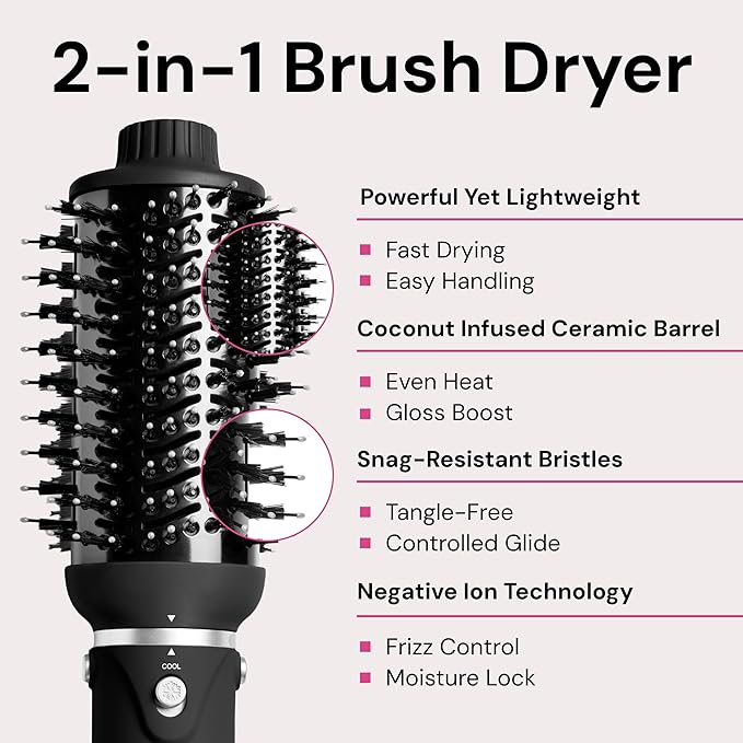 L'ANGE HAIR VolumeBoost 60mm 2-in-1 Ceramic Volumizing Brush Dryer | Fast Drying & Styling for Frizz-Free, Voluminous Blowouts | Ceramic-Coated Barrel (Black)