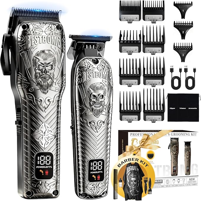 Professional Cordless Mens Hair Clippers & Beard Trimmer Kits & Sets,Metal Hair Clippers Cutting Grooming Kit with Long Battery Life for Family Barber Use (Gray)