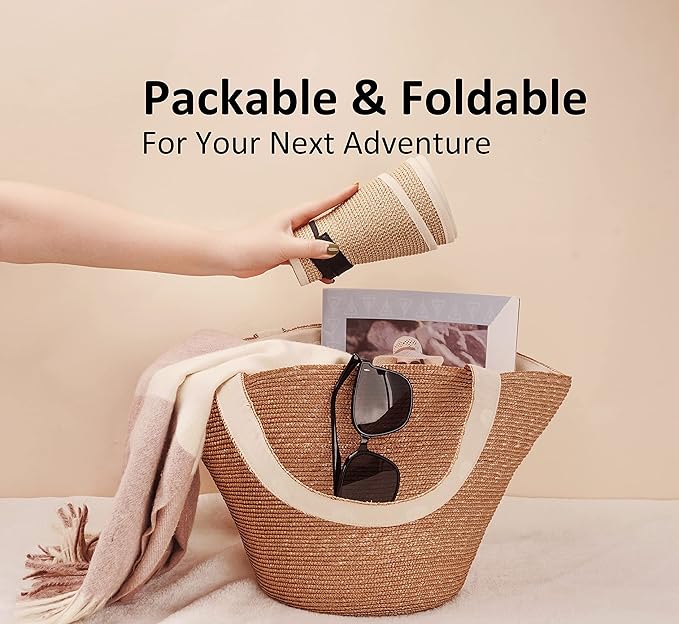 Joywant Womens Sun Visor Hats, Packable Wide Brim Ponytail Beach Hat Straw - Image 4