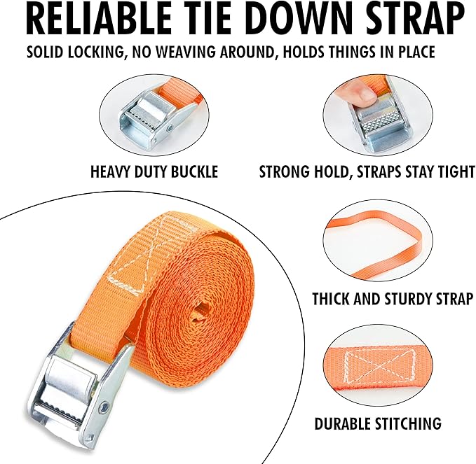 Cartman 1" x 12' Lashing Straps Cargo Tie-Down Strap Up to 600lbs, 2pk Orange - Image 2