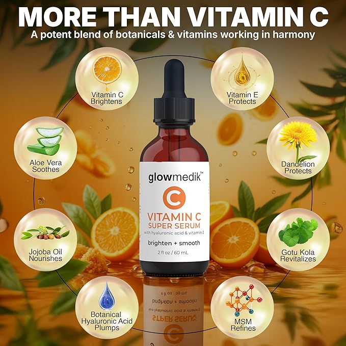 GlowMedik Vitamin C Serum for Face - Illuminating Brightening Serum for Dark Spots - Dark Spot Corrector with Hyaluronic Acid & Vitamin E - Fine Lines & Wrinkles, Sensitive Skin, Made in USA 2 fl oz