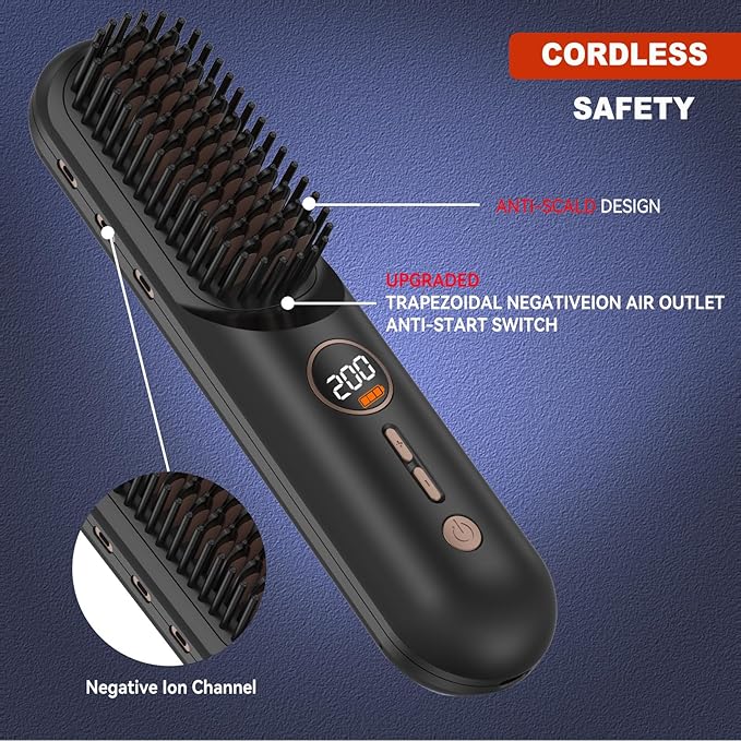 Cordless Hair Straightener Brush, Portable Mini Hair Straightening Brush for Travel, Rechargeable 9000 mAh USB-C, Lightweight Anti-Scald Heated Styling Tools & Appliances (Black)