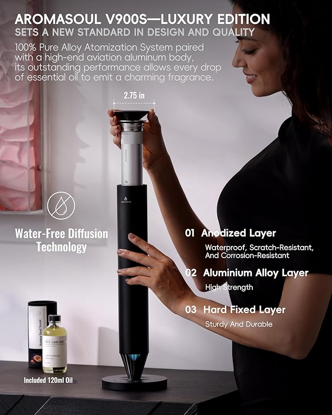 Waterless Scent Diffuser Starter Kit - 1500 Sq Ft Coverage, Alloy Atomization System,Mood Light,Smart Rechargeable Hotel Scent Diffuser, Including 120ml Essential Oil, for Home,Large Room,Spa,Black