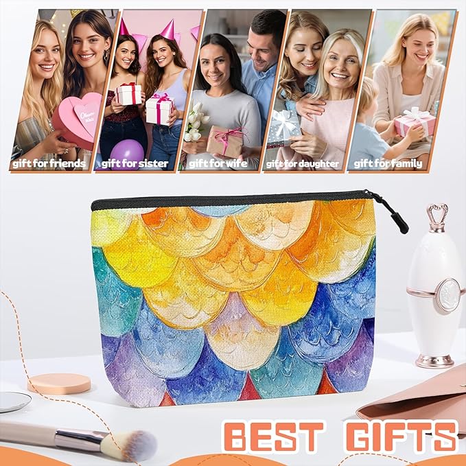 Cosmetic Bags Travel Makeup Toilet Case Waterproof Pouch for Women Girls 6.7X9.45inches - Colorful Scales Pattern in A Dreamy Design