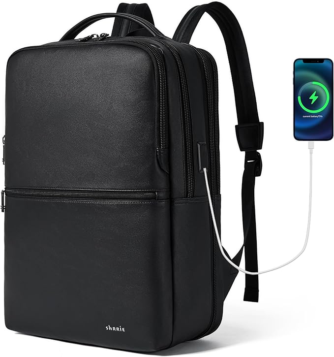 Vegan Leather Laptop Backpack for Women&Men, 16 Inch Expandable Backpack by Shrrie