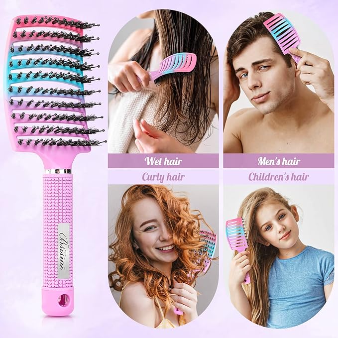 Boar Bristle Hair Brush Curved Vented Detangler Brush Faster Blow Drying, Paddle Detangling Brush for Women Men Kids Wet Dry Long Curly Thick Straight Hair, Make Hair Shiny and Healthier(Purple+Green)