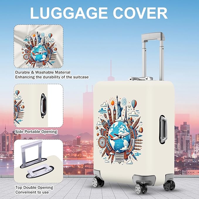 ANNA QUEEN Travel Around the World Luggage Cover, Colorful Landmark Suitcase - Image 2