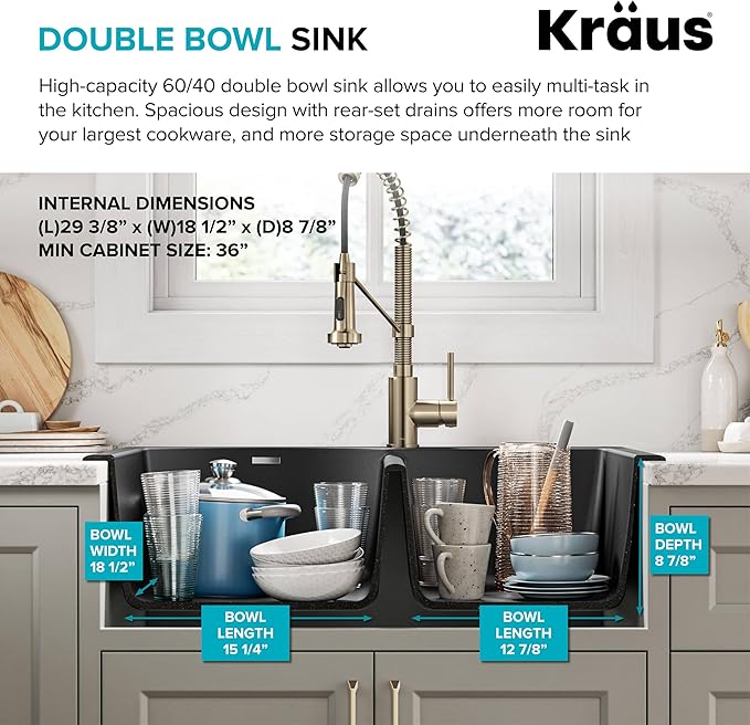 KRAUS Forteza 33-inch Drop In/Undermount 60/40 Double Bowl Granite Kitchen Sink - Image 3