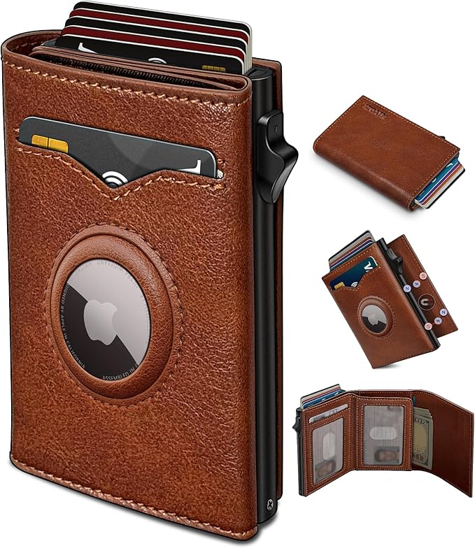 Airtag Wallet for Men, with Cash Pocket 2 ID Window 9-12 Cards, Metal Case by Miyozi