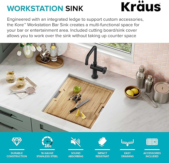 KRAUS Kore 17-Inch Undermount Workstation 16 Gauge Single Bowl Stainless Steel - Image 3