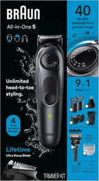 Braun All-in-One Style Kit Series 5 5470, 9-in-1 Trimmer for Men w/Beard Trimmer, Body Trimmer for Manscaping, Gillette Fusion5 ProGlide Razor, 40 Length Settings, Rechargeable Battery, Cordless