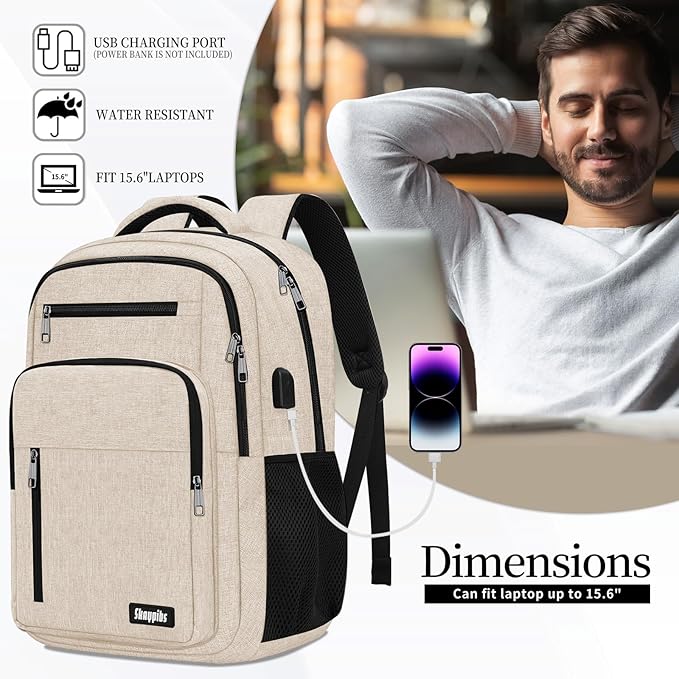 Beige Backpack for Men Women, School Backpack for Boys Girls Teens, 15.6 Inch - Image 4