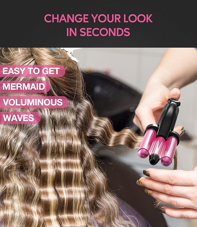 Farery Mini 3 Barrel Hair Waver - Portable Beach Wave Curling Iron for Short Hair, 1/2 Inch Ceramic Crimper with 3 Temp Settings & 30s Fast Heating, Dual Voltage Travel Hair Waver for Women, Pouch Bag