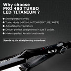 MQ Hair - Professional Titanium Flat Iron 480°F Turbo - Bivolt, Anatomic Design, Ultra-Smooth, Mirror Effect - 3 Passes Needed, Perfect Straightening - Heating Safe Control, Ionized Plates - Black