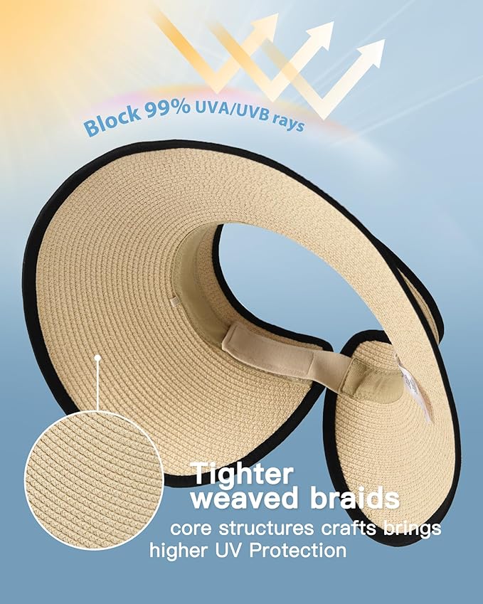 FURTALK Sun Hats for Women Wide Brim Beach Hat Straw Visor Ponytail Summer UV - Image 2