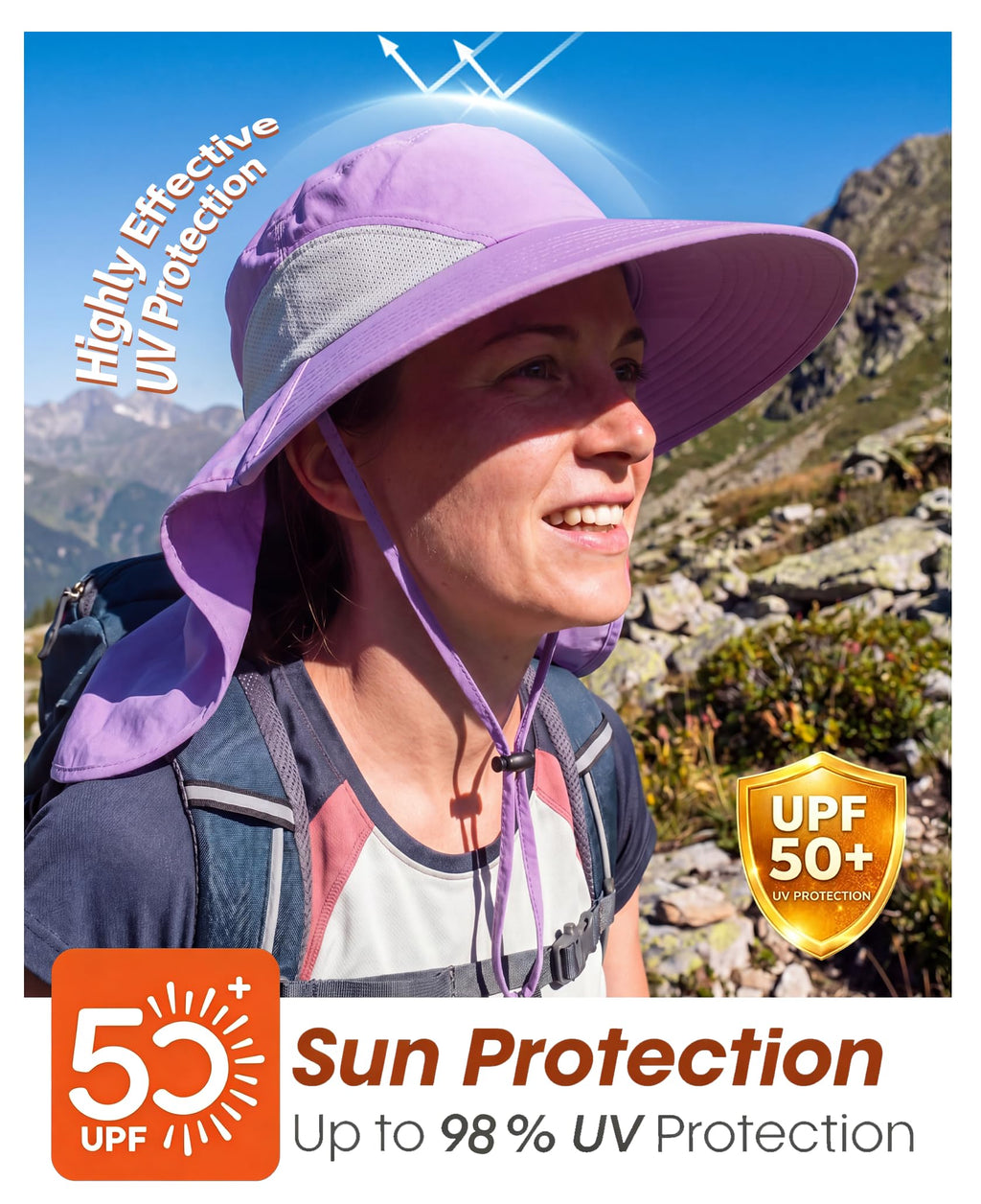 Outdoor UPF50+ Sun Hat Wide Brim Mesh Fishing Hat with Neck Flap (Large-X-Large / Purple)