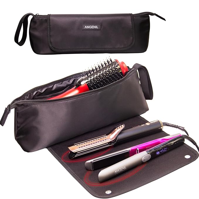 ANGENIL Hair Iron Tools Travel Bag with Heat Resistant Mat, for Curling Iron Wand, Flat Irons, Thermal Brush, Hair Dryer, 2 in 1 Portable Hot Tool Mat Hair Accessories Organizer for Women