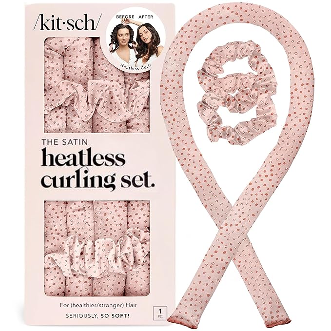 Kitsch Satin Heatless Curlers Set – Heatless Curls Overnight with 34" Hair Curler & 2 Satin Scrunchies, Comfortable No Heat Hair Curlers to Sleep In for Frizz-Free & Non-Damage Styling - Micro Dot