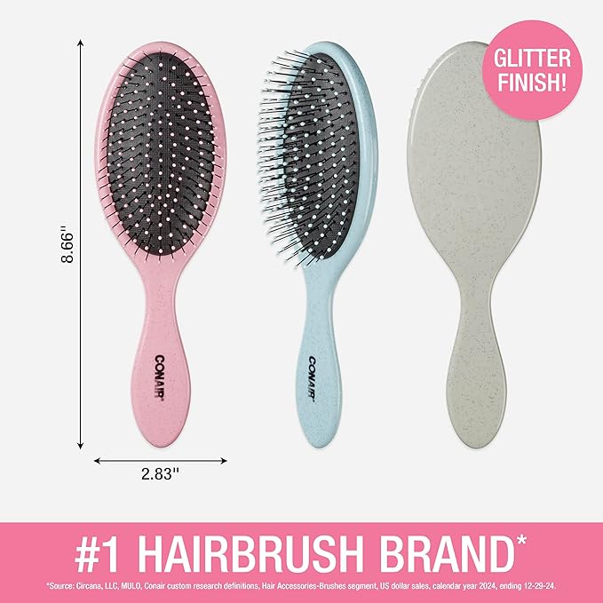 Conair Detangling Hair Brush Set 3 Pack, Use Wet and Dry, Ideal for All Hair Types, Detangling Brushes for women and girls, gifts for her, Glitter Silver, Blue, Pink