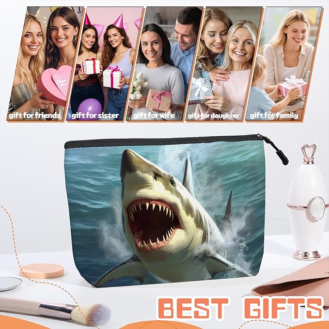 Cosmetic Bags Travel Makeup Toilet Case Waterproof Pouch for Women Girls 6.7X9.45inches - Close - Up of A Great White Shark With Open Mouth