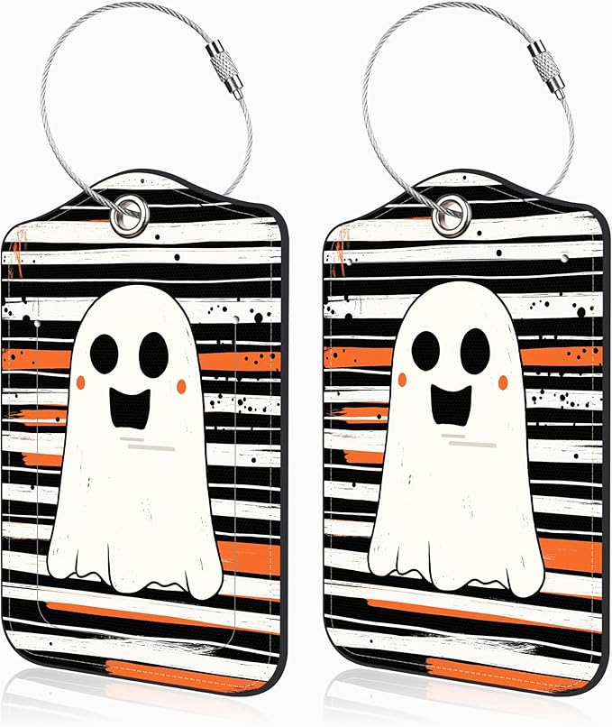 Halloween Set of 2 Luggage Tags Cute Ghost on Black and White Stripes Luggage by Unknown
