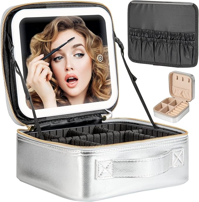Makeup Travel Train Case with Mirror LED Light 3 Adjustable Brightness Large by Extrei+Gent