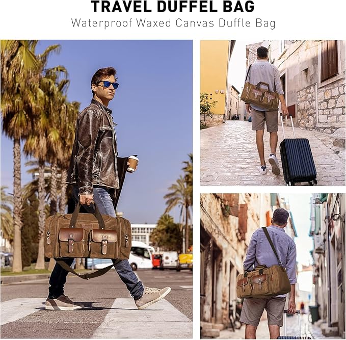 Wildroad Waxed Canvas Duffle Bag - 60L Waterproof Genuine Leather Weekender - Image 3