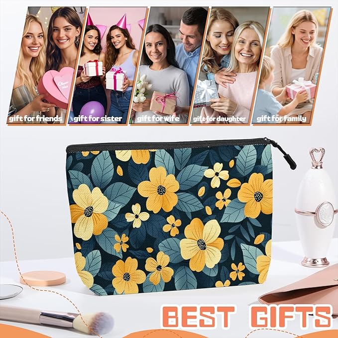 Cosmetic Bags Travel Makeup Toilet Case Waterproof Pouch for Women Girls 6.7X9.45inches - Pattern of Yellow Flowers on A Dark - Teal Background